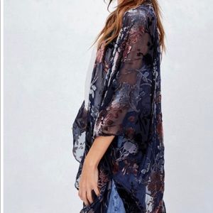 Keira Sheer Navy Blue Floral Burnout Velvet Kimono